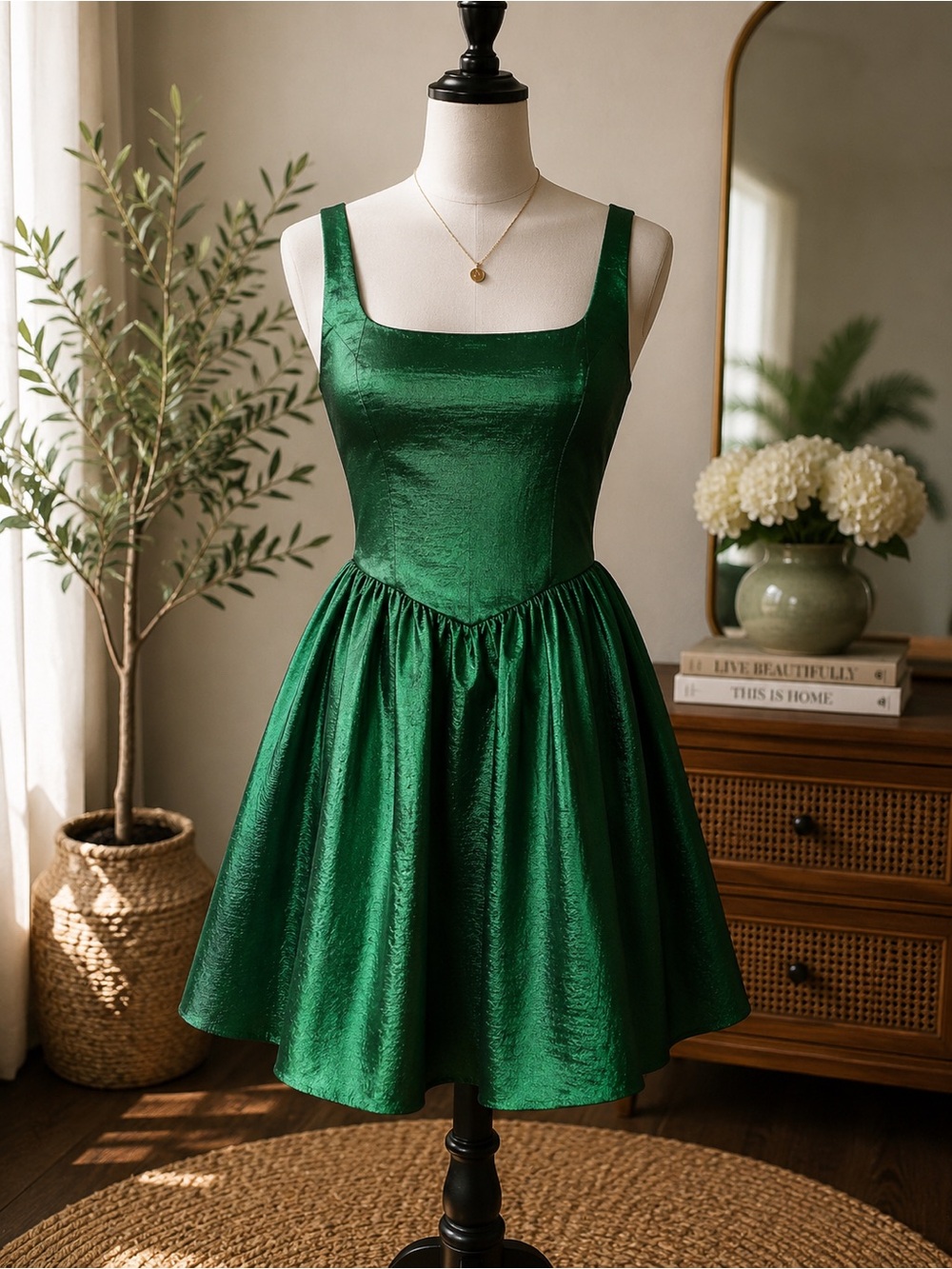 Altar’d State Fletcher Dress Size S Hunter Green Fit & Flare Mini Glam Romantic